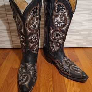 CORRAL WOMEN Size 9 White Brown Floral EMBROIDERY WESTERN COWBOY BOOTS SNIP TOE